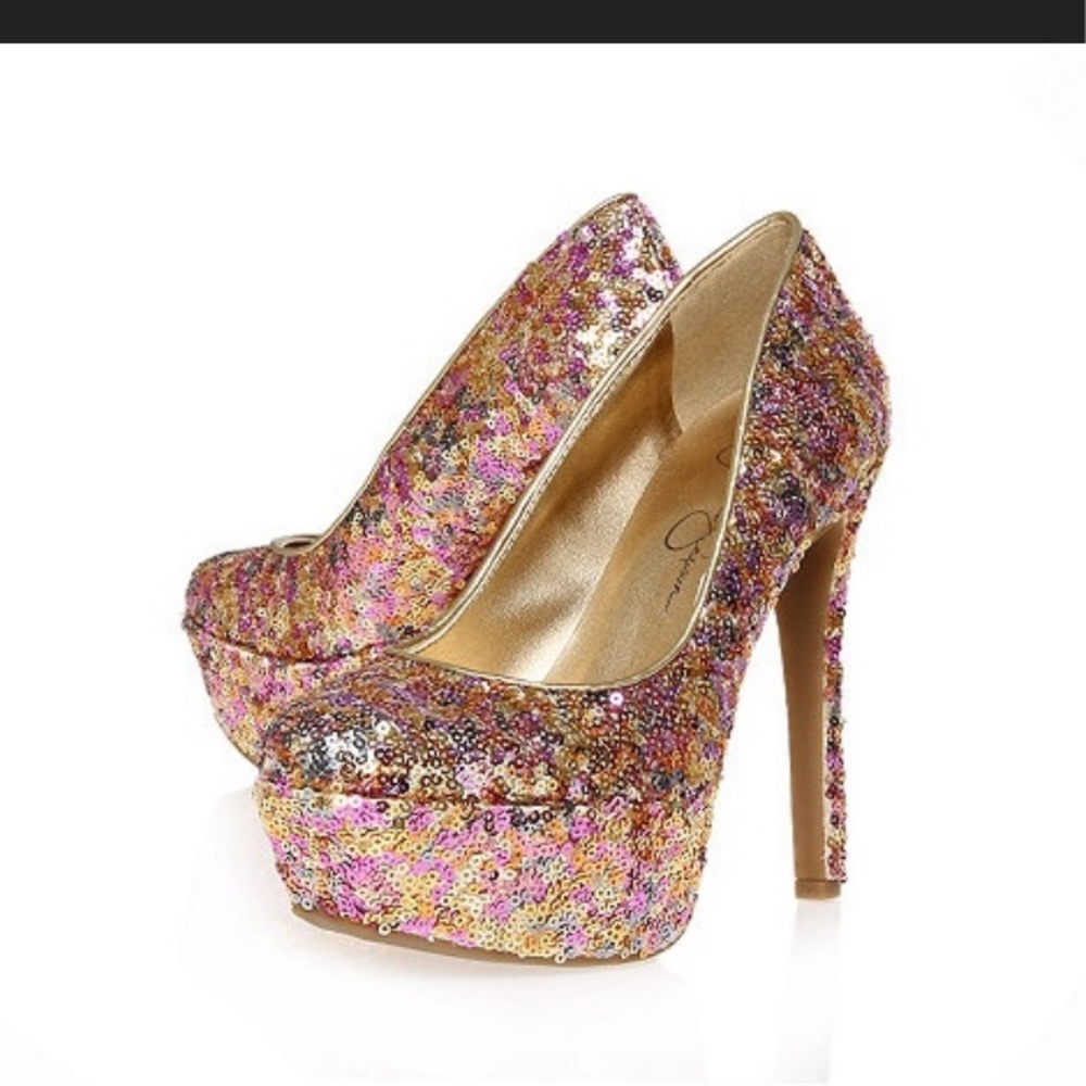Jessica Simpson Devin 2 Heels Golden Rose Sequin Sparkle Size 7 1/2